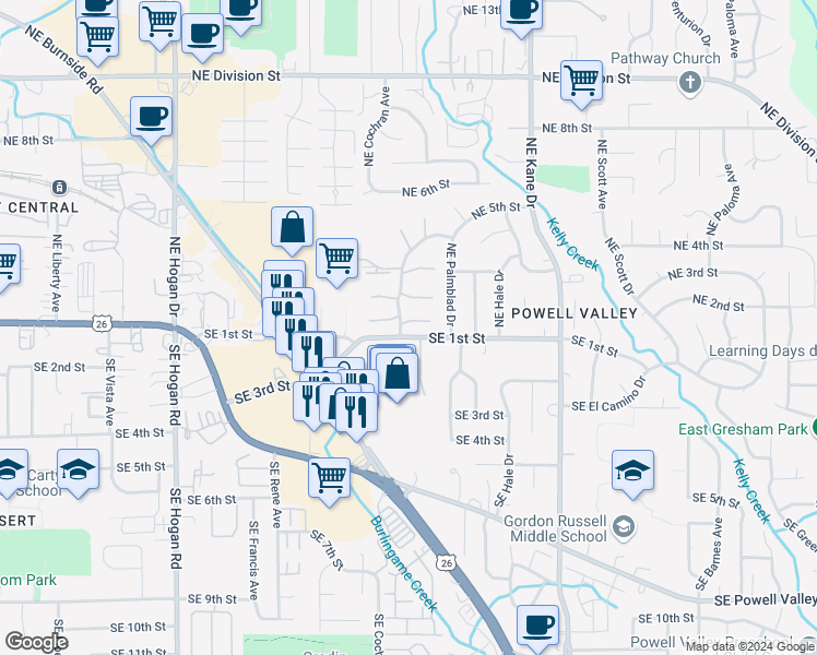 map of restaurants, bars, coffee shops, grocery stores, and more near 50 Northeast Village Squire Avenue in Gresham