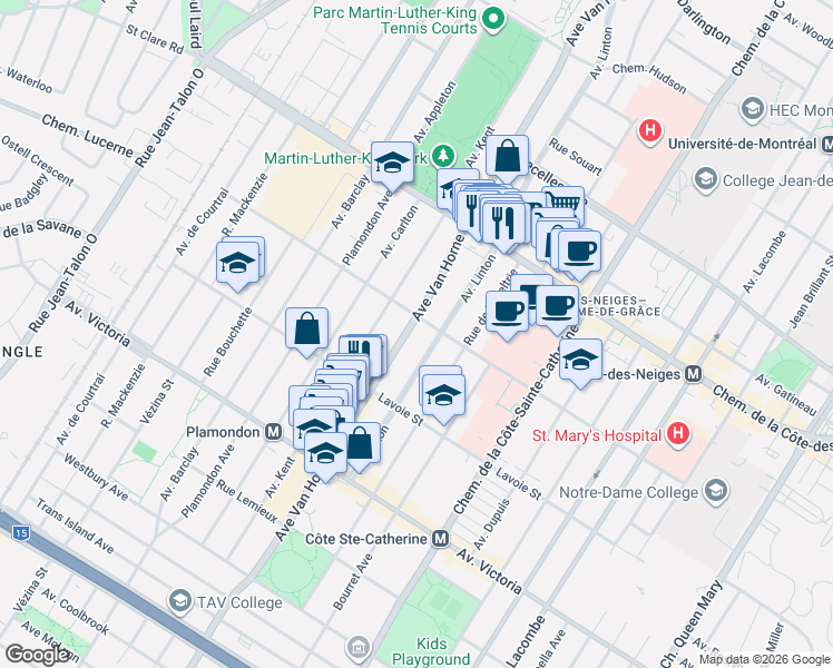 map of restaurants, bars, coffee shops, grocery stores, and more near 4006 Avenue Van Horne in Montréal