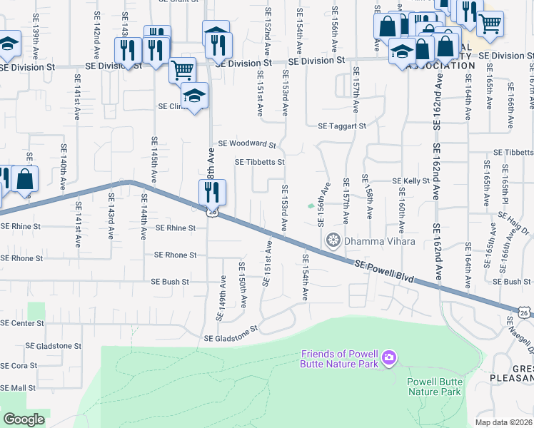 map of restaurants, bars, coffee shops, grocery stores, and more near 3403 Southeast 153rd Avenue in Portland