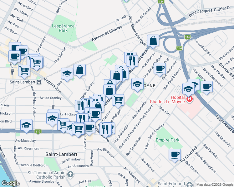 map of restaurants, bars, coffee shops, grocery stores, and more near 112 Rue Saint-Louis in Longueuil