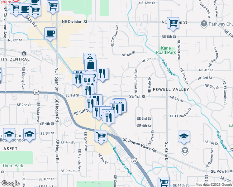 map of restaurants, bars, coffee shops, grocery stores, and more near 55 Northeast Village Squire Avenue in Gresham