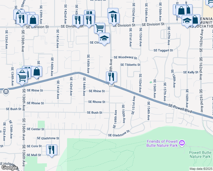 map of restaurants, bars, coffee shops, grocery stores, and more near 14742 Southeast Powell Boulevard in Portland