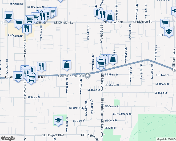 map of restaurants, bars, coffee shops, grocery stores, and more near 13317 Southeast Powell Boulevard in Portland