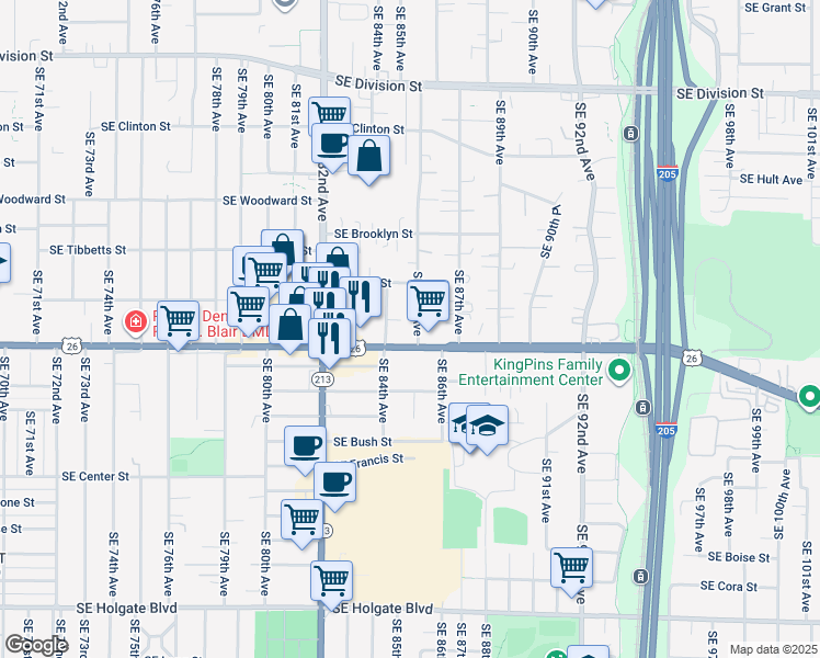 map of restaurants, bars, coffee shops, grocery stores, and more near 3337 Southeast 85th Avenue in Portland