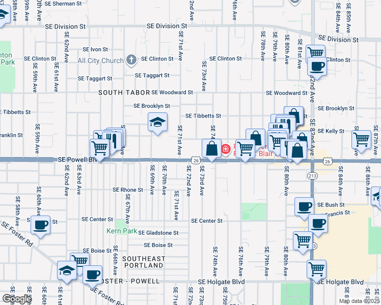 map of restaurants, bars, coffee shops, grocery stores, and more near 7123 Southeast Powell Boulevard in Portland