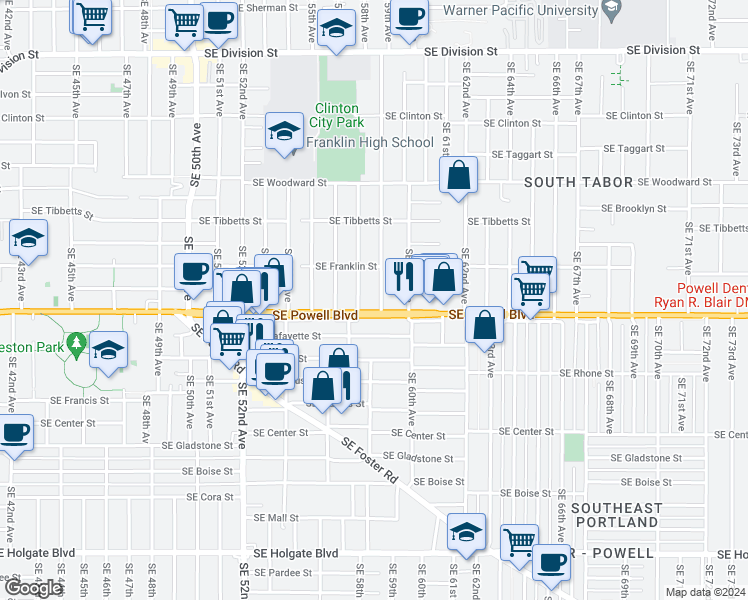 map of restaurants, bars, coffee shops, grocery stores, and more near 3420 Southeast 57th Avenue in Portland