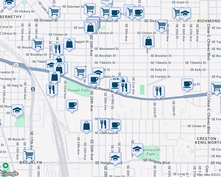 map of restaurants, bars, coffee shops, grocery stores, and more near 2825 Southeast Waverleigh Boulevard in Portland