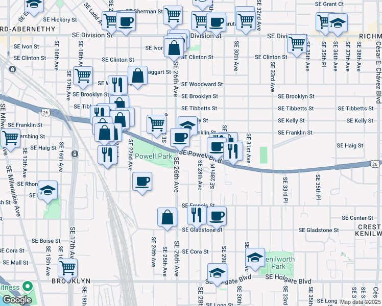 map of restaurants, bars, coffee shops, grocery stores, and more near 2628 U.S. 26 in Portland