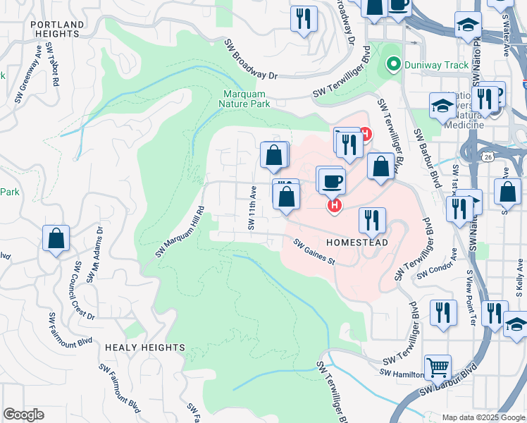 map of restaurants, bars, coffee shops, grocery stores, and more near 3414 Southwest 11th Avenue in Portland