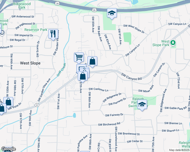 map of restaurants, bars, coffee shops, grocery stores, and more near 8500 Southwest Canyon Drive in Portland