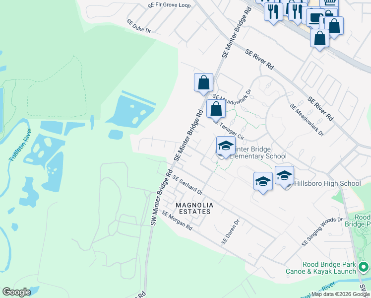 map of restaurants, bars, coffee shops, grocery stores, and more near 1532 Southeast Jacquelin Drive in Hillsboro