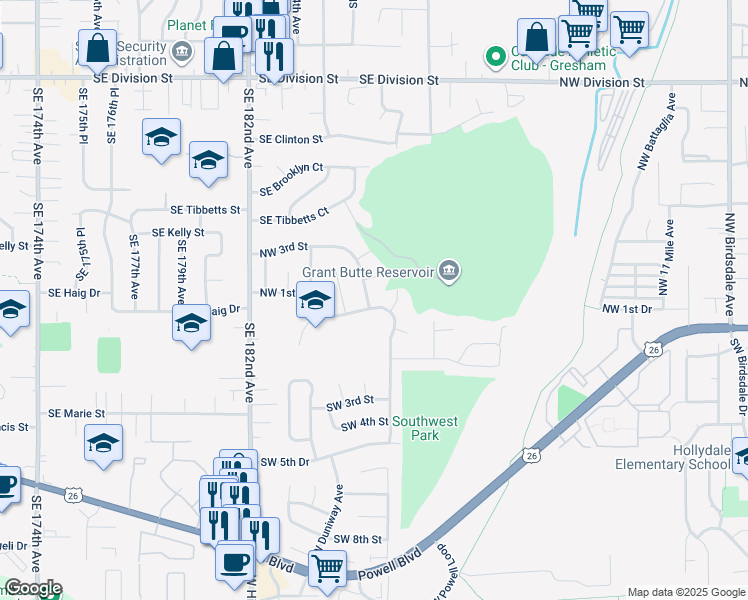 map of restaurants, bars, coffee shops, grocery stores, and more near 60 Northwest Royal Court in Gresham
