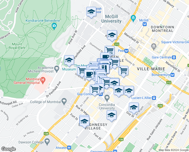 map of restaurants, bars, coffee shops, grocery stores, and more near 1434 Rue Sherbrooke Ouest in Montréal