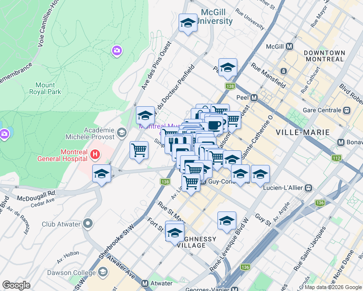 map of restaurants, bars, coffee shops, grocery stores, and more near 1455 Sherbrooke Street West in Montreal