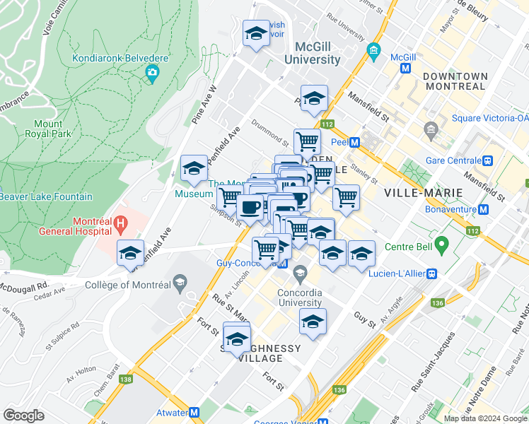 map of restaurants, bars, coffee shops, grocery stores, and more near 1434 Rue Sherbrooke Ouest in Montréal
