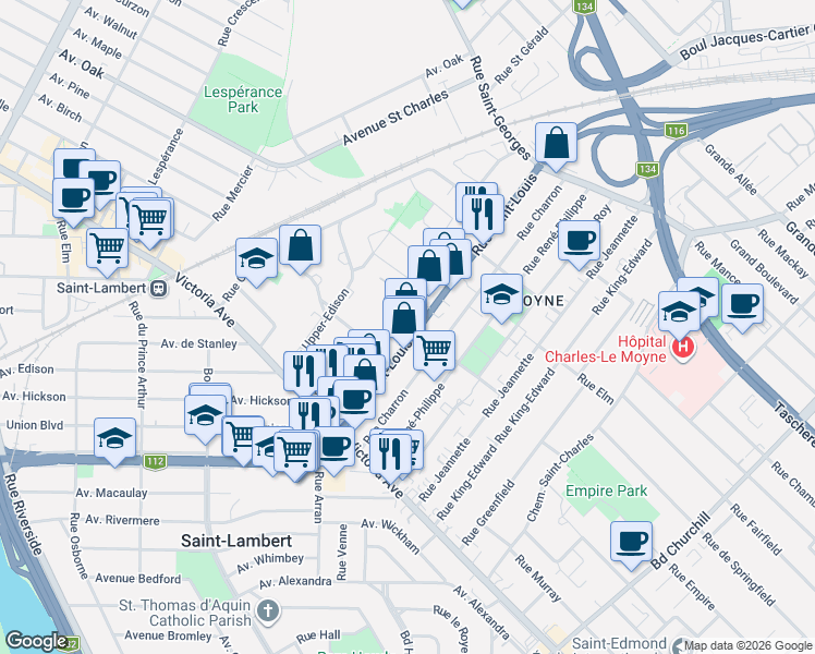 map of restaurants, bars, coffee shops, grocery stores, and more near 95 Rue Saint-Louis in Longueuil