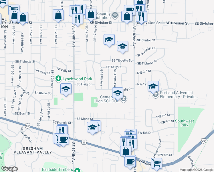 map of restaurants, bars, coffee shops, grocery stores, and more near 3351 Southeast 178th Avenue in Portland