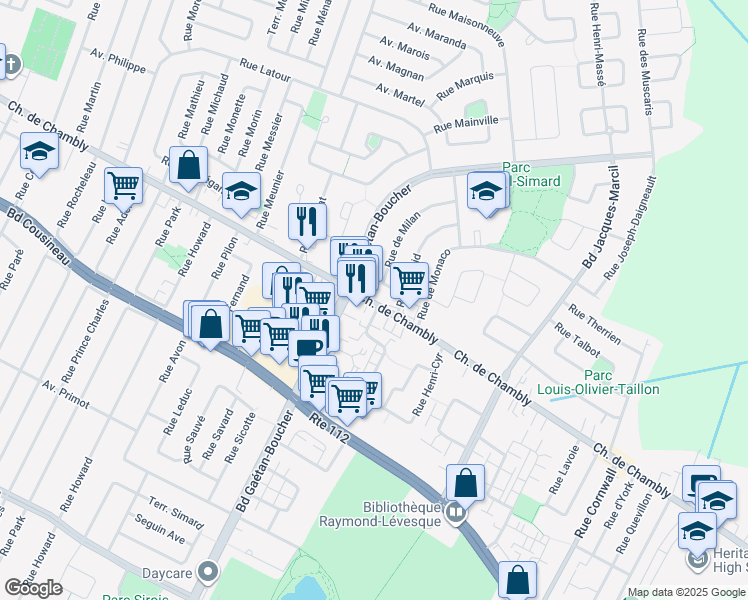 map of restaurants, bars, coffee shops, grocery stores, and more near 3802 Montée Saint-Hubert in Longueuil