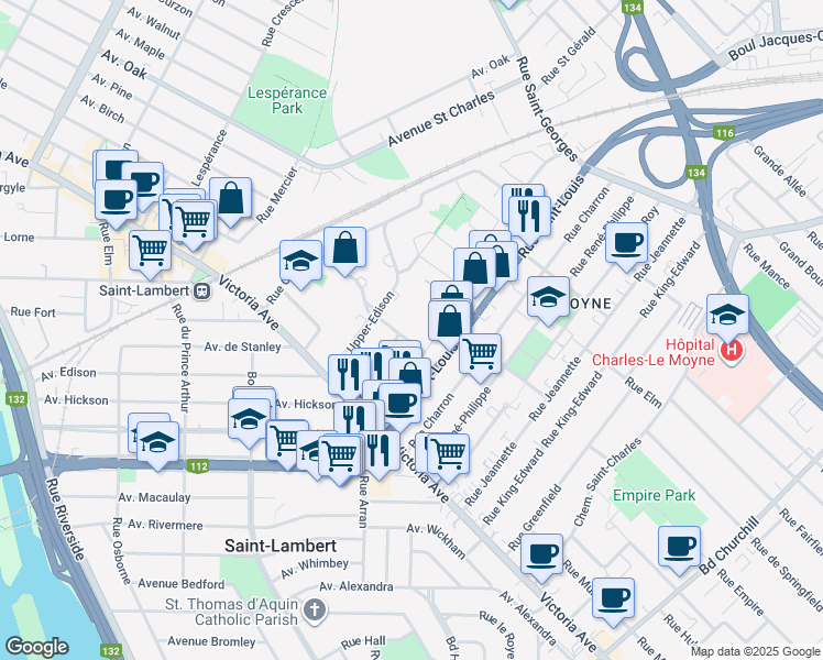 map of restaurants, bars, coffee shops, grocery stores, and more near 42 Avenue Sainte-Hélène in Saint-Lambert