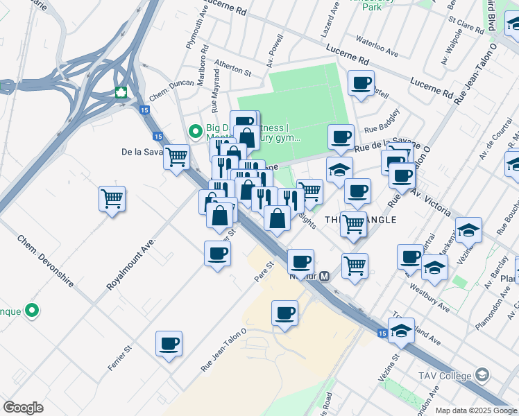 map of restaurants, bars, coffee shops, grocery stores, and more near 5260 Rue Ferrier in Montréal