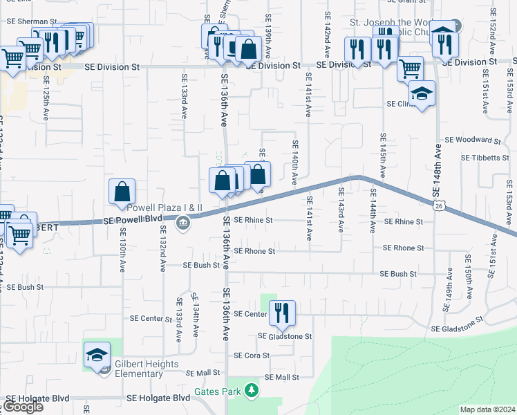 map of restaurants, bars, coffee shops, grocery stores, and more near 13744 Southeast Powell Boulevard in Portland