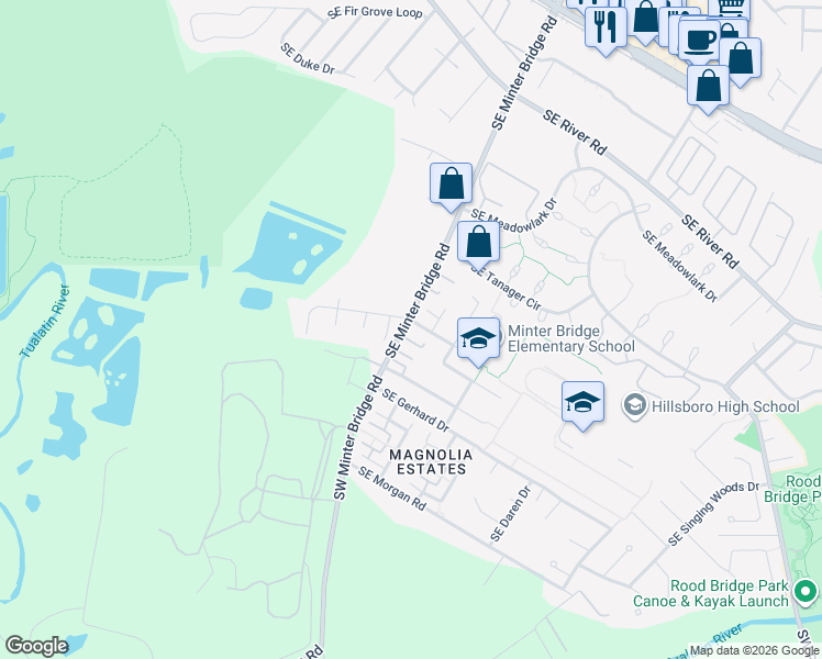map of restaurants, bars, coffee shops, grocery stores, and more near 1532 Southeast Jacquelin Drive in Hillsboro