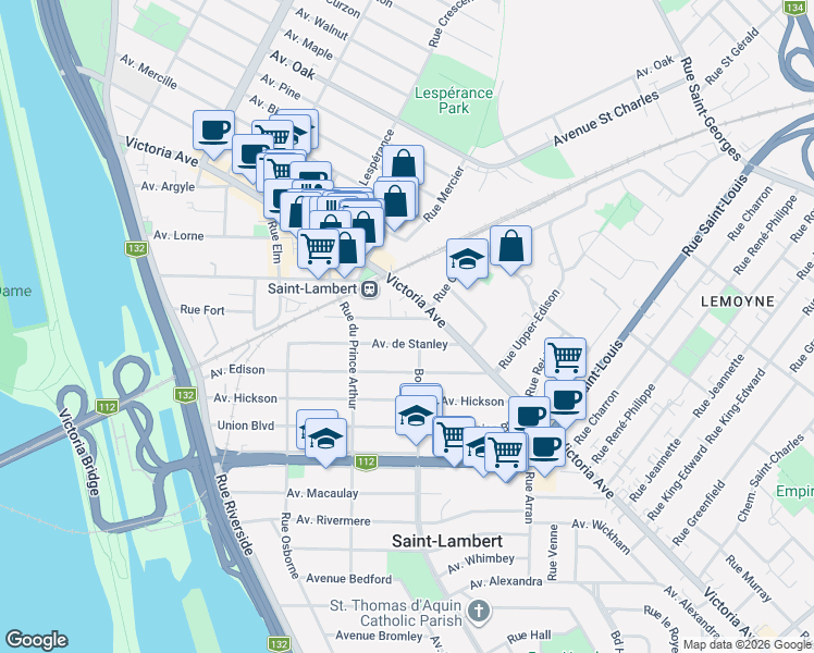 map of restaurants, bars, coffee shops, grocery stores, and more near 257 Avenue Saint-Laurent in Saint-Lambert