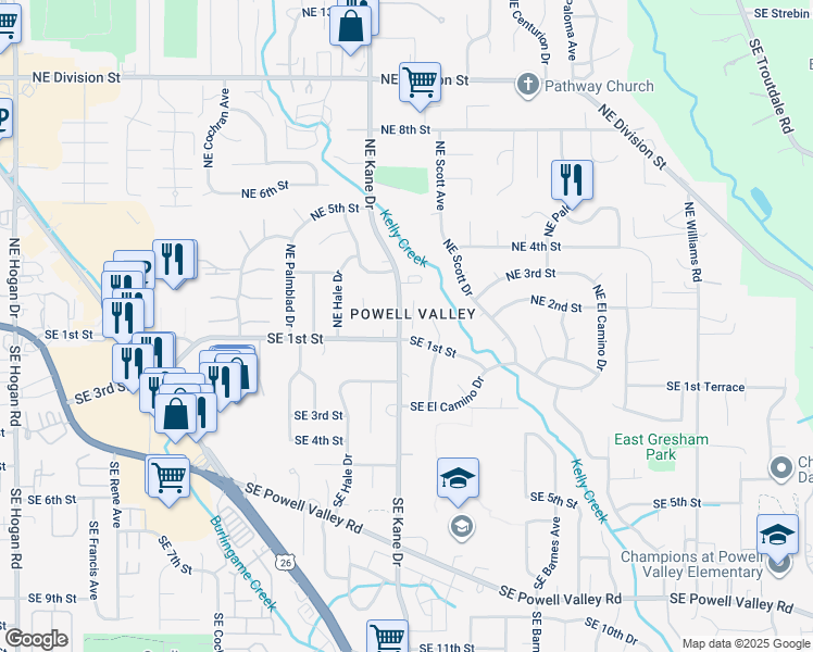 map of restaurants, bars, coffee shops, grocery stores, and more near 108 Northeast Kane Drive in Gresham