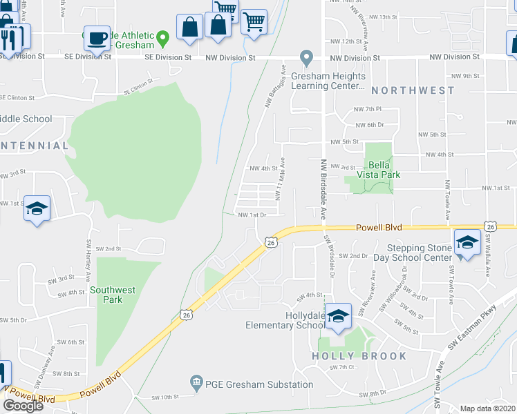 map of restaurants, bars, coffee shops, grocery stores, and more near Northwest 1st Dr-2nd Terrace Alley in Gresham