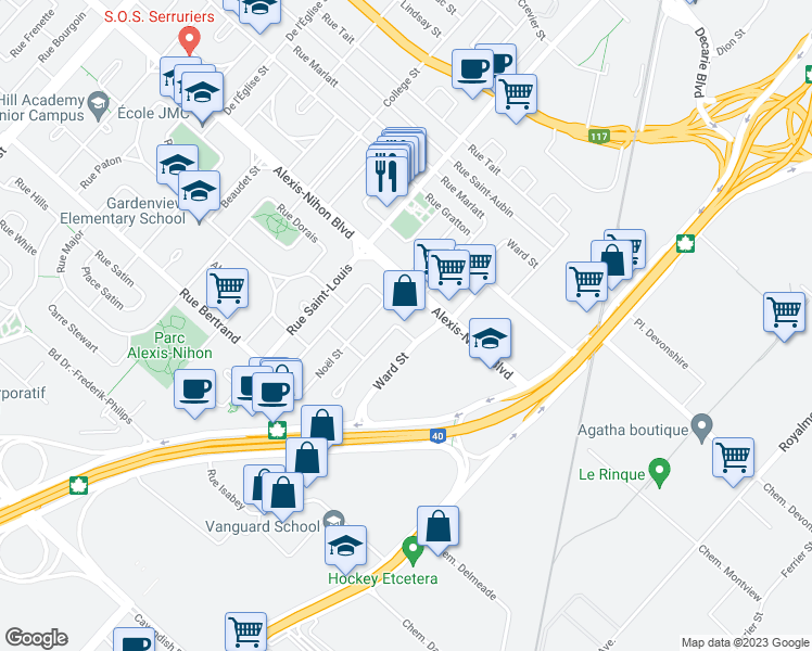 map of restaurants, bars, coffee shops, grocery stores, and more near 2225 Rue Gold in Montréal
