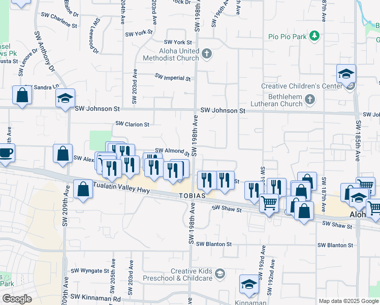map of restaurants, bars, coffee shops, grocery stores, and more near 3005 Southwest 198th Avenue in Beaverton