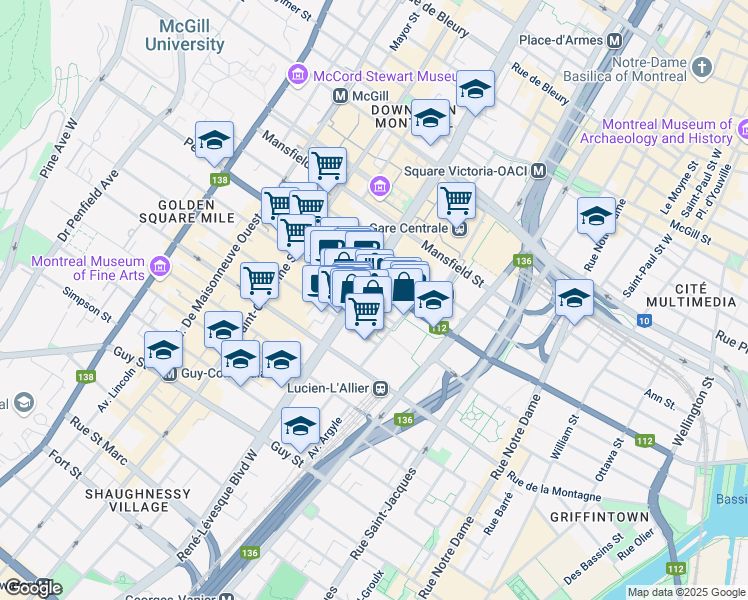 map of restaurants, bars, coffee shops, grocery stores, and more near 1125 Stanley Street in Montreal