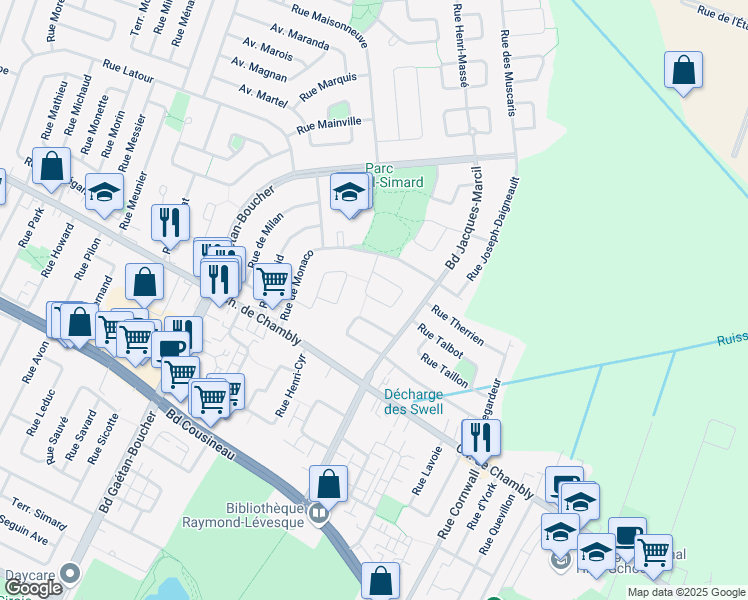 map of restaurants, bars, coffee shops, grocery stores, and more near 1832 Rue Roland Marcoux in Longueuil