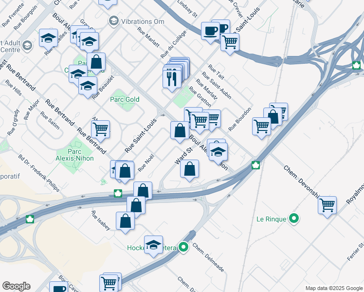 map of restaurants, bars, coffee shops, grocery stores, and more near 2211 Rue Gold in Montréal