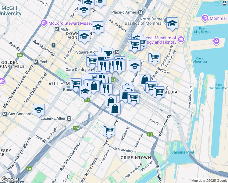 map of restaurants, bars, coffee shops, grocery stores, and more near 800 Rue Saint-Jacques in Montréal