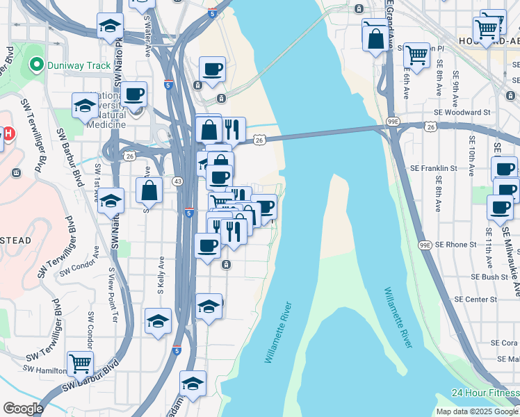 map of restaurants, bars, coffee shops, grocery stores, and more near 3450 South River Parkway in Portland
