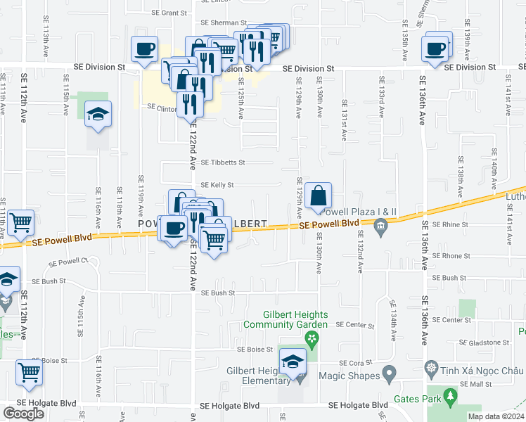 map of restaurants, bars, coffee shops, grocery stores, and more near 3321 Southeast 127th Place in Portland