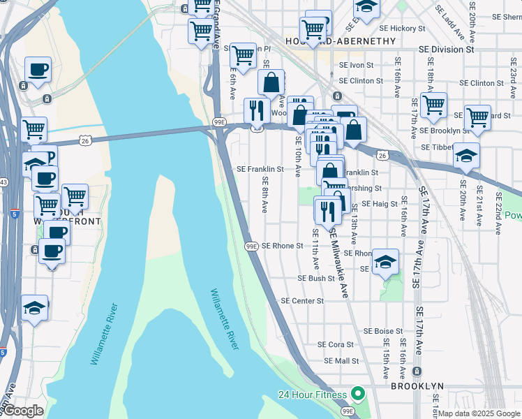 map of restaurants, bars, coffee shops, grocery stores, and more near 3415 Southeast 8th Avenue in Portland