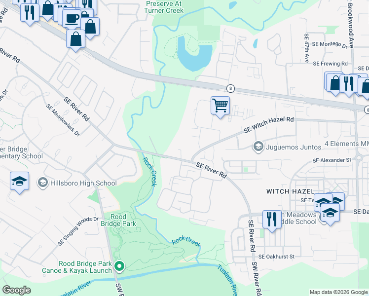 map of restaurants, bars, coffee shops, grocery stores, and more near 3567 Southeast River Road in Hillsboro