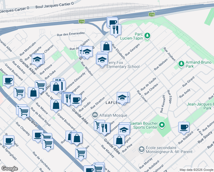 map of restaurants, bars, coffee shops, grocery stores, and more near 1693 Rue Godin in Longueuil
