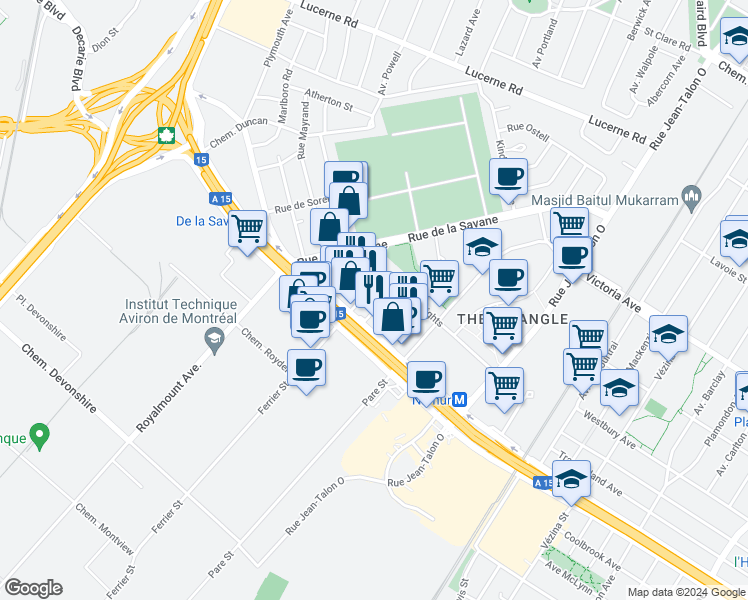 map of restaurants, bars, coffee shops, grocery stores, and more near 5250 Rue Ferrier in Montréal