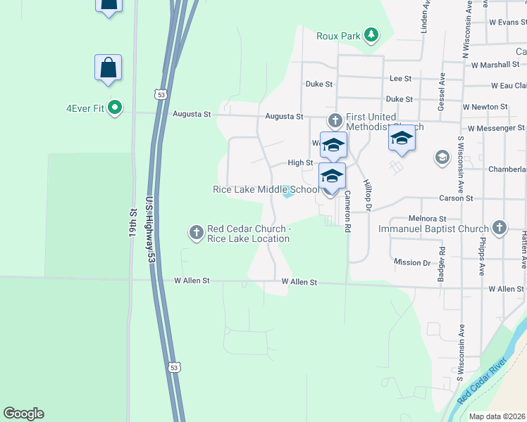 map of restaurants, bars, coffee shops, grocery stores, and more near 210 Royal Crest Drive in Rice Lake