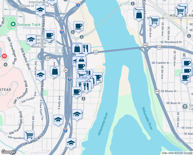 map of restaurants, bars, coffee shops, grocery stores, and more near 836 South Curry Street in Portland