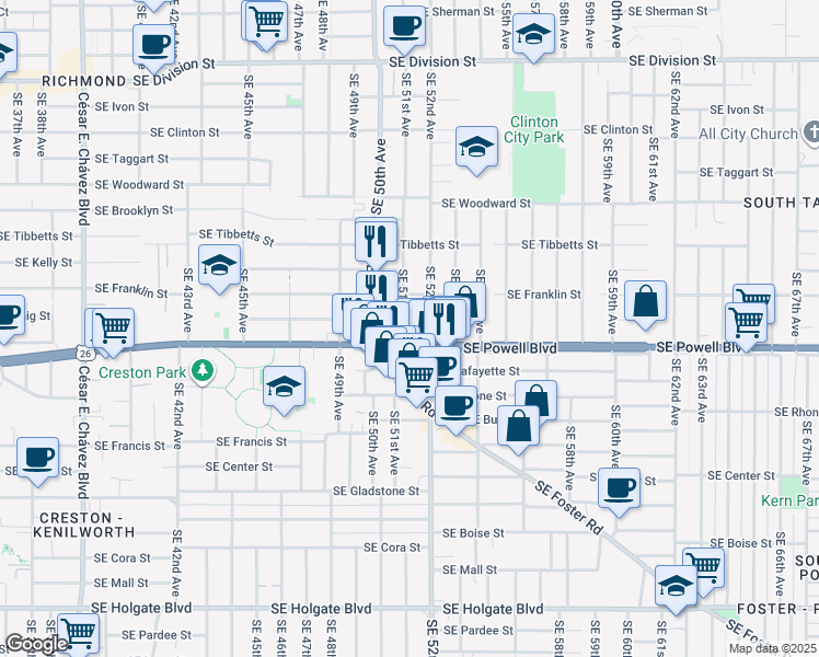 map of restaurants, bars, coffee shops, grocery stores, and more near 3420 Southeast 51st Avenue in Portland