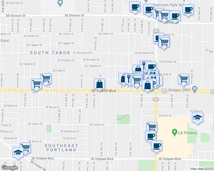 map of restaurants, bars, coffee shops, grocery stores, and more near 3405 Southeast 75th Avenue in Portland