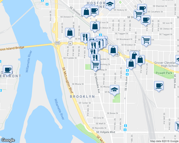 map of restaurants, bars, coffee shops, grocery stores, and more near 1038 Southeast Haig Street in Portland
