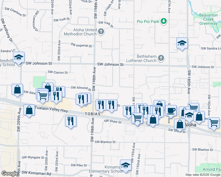 map of restaurants, bars, coffee shops, grocery stores, and more near 19558 Southwest Trelane Street in Aloha