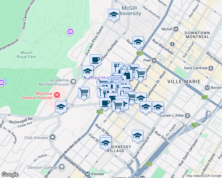 map of restaurants, bars, coffee shops, grocery stores, and more near 1455 Rue Sherbrooke Ouest in Montréal