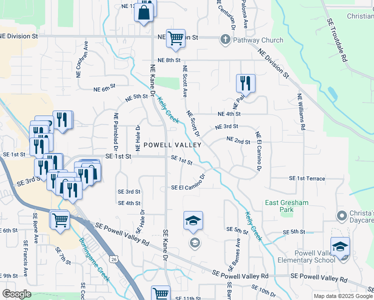 map of restaurants, bars, coffee shops, grocery stores, and more near 132-134 Northeast Olvera Court in Gresham