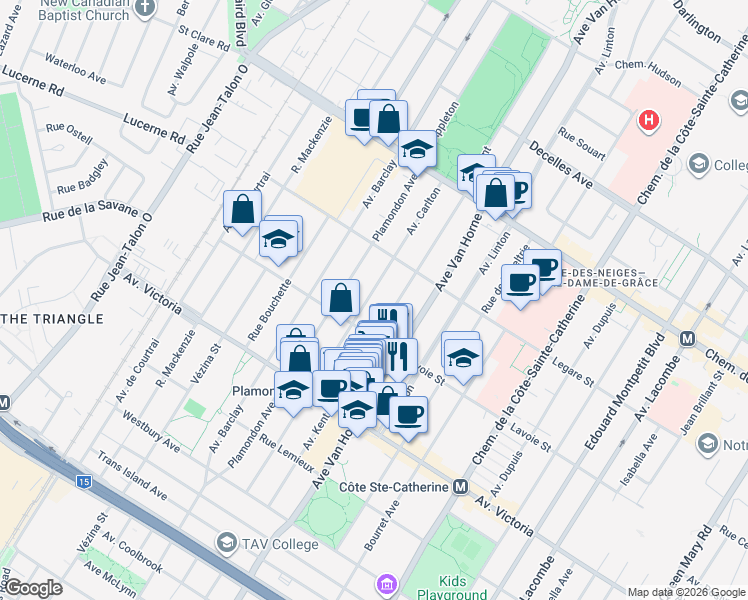 map of restaurants, bars, coffee shops, grocery stores, and more near 4362 Avenue Carlton in Montréal
